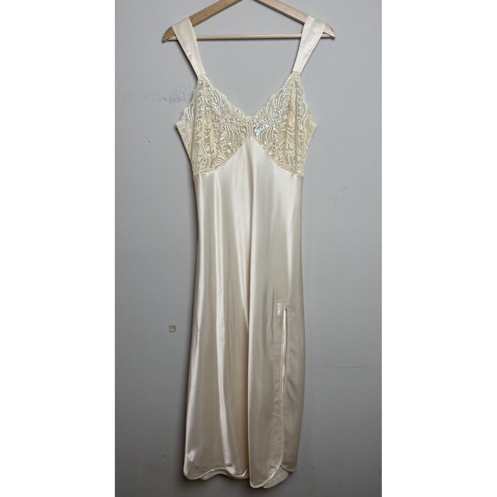 VTG Victoria's Secret Gold Label Satin Lace Sequin Maxi Slip Dress Bridal Gown M